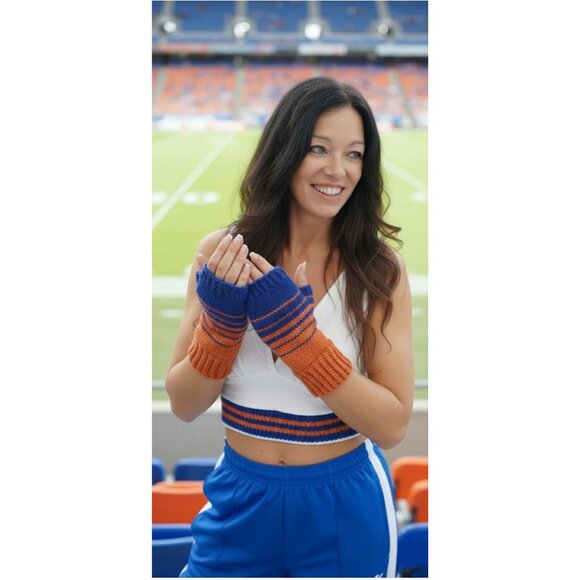 Blue and Orange Fingerless Handknit Gloves Mittens - Picture 1 of 3